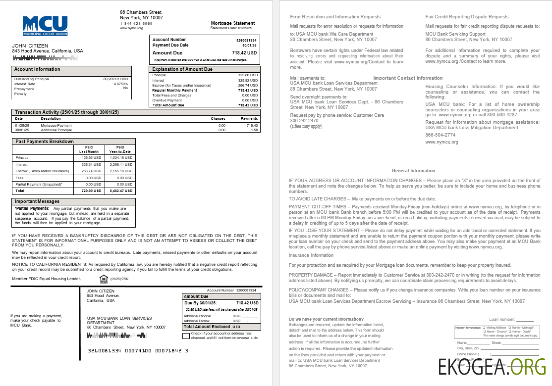 Relevé hypothécaire de la banque MCU des États , Unis aux formats Word et PDF